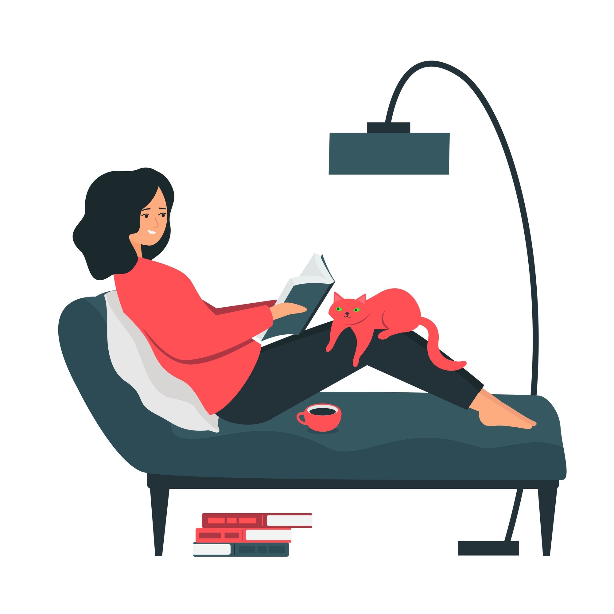 happy woman reading with cat